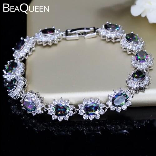 BeaQueen Charming Big Oval CZ Stone Colorful Rainbow Cubic Zirconia Crystal Flower Tennis Bracelet Jewelry for Women B123