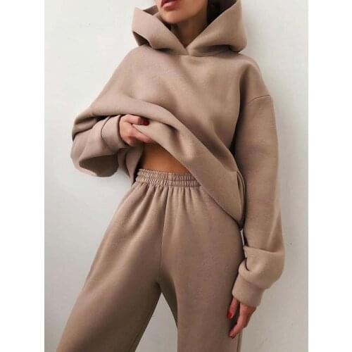 OMILKA 2 Piece Set Women Long Sleeve Hooded Sweatshirt and Elastic Waist Pant Set 2020 Autumn Winter Sporty Tracksuits Suit