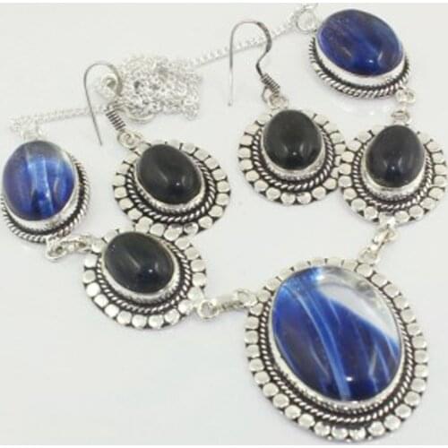 Sun Stone Necklace + Earings Silver Overlay over Copper, 51 cm, N3301