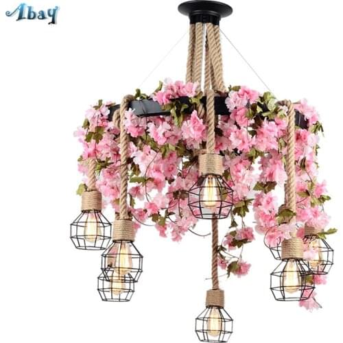 Retro Restaurant Plant Hemp Rope Pendant Lights Living Room Dining Music Bar Industrial Flower Hanging Lamps Decorative Fixtures