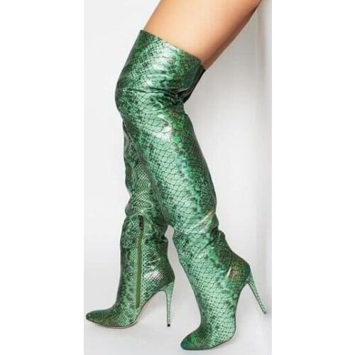 Sexy Green Snake Print Leather Over Knee Boots Womens Pointed Toe Plus Size Tight High Snakeskin Winter Boots 2018 Fashion Shoes