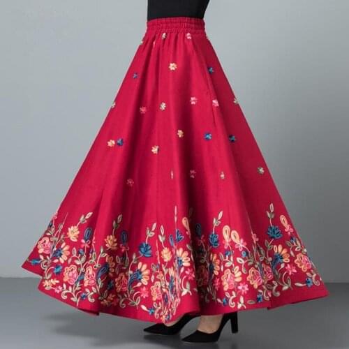 Plus Size Winter Warm Woolen Long Skirt Lady High Waist Casual Wool Office Elegant Embroidered Maxi Pleated Skirt Women