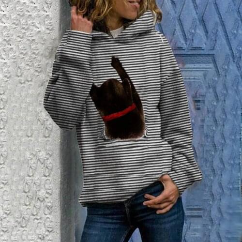 S-3XL Fashion Women Hooded Kawaii Cat Print White Black Striped Long Sleeve Casual Blouse Sweatshirt Tops Trendy Streetwear худи