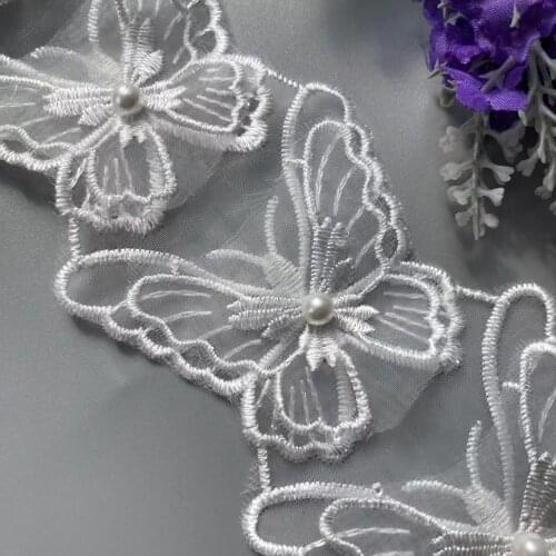 1 Yard White Mesh Bowknot Rhinestones Embroidered Lace Trim Ribbon Patches Applique Fabric DIY Wedding Dress Sewing Supplies