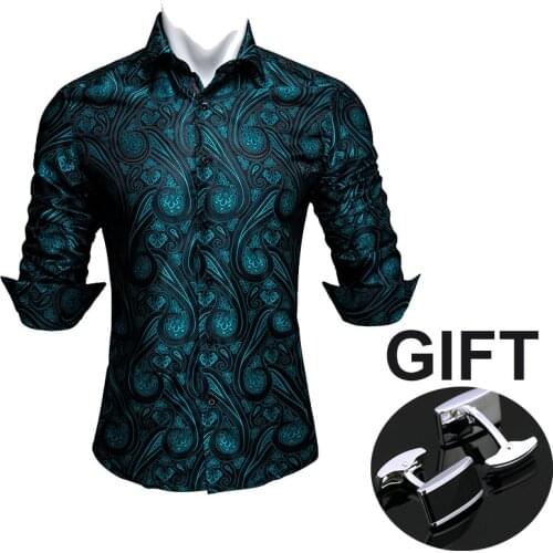 High quality Blue Teal Paisley Floral Autumn Mens Silk Shirts Square Collar Male Casual Satin Long Sleeve Silk Shirts CC-005