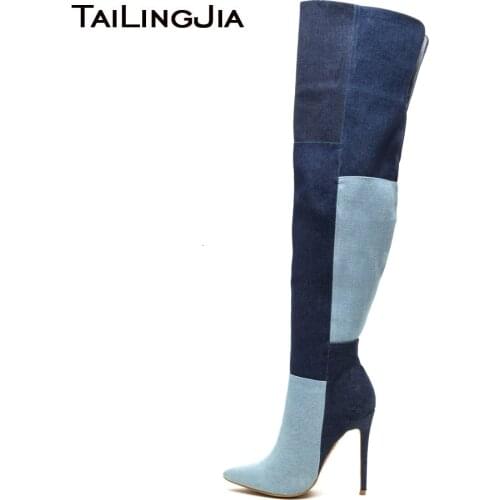 High Heel Over The Knee Denim Boots Womens Thigh High Boots Pointed Toe Ladies Zip Up Long Boots Blue Fashion Female Shoes 2021