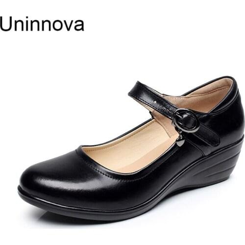 Women Mary Jane Genuine Leather Pumps Classic Working Wedge Shoes Platform Comfortable Court Shoes Career Shallow Upper WP141