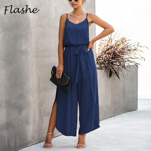 Women Wide Leg Jumpsuit Casual Sling V Neck Backless Lace Up Side Split Summer Romper Solid High Waist Loose Overall Trousers
