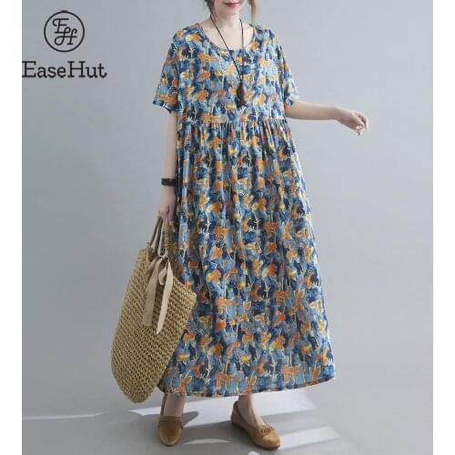 Women Cotton Linen Dress Vintage Print O-Neck Short Sleeve Pockets Loose Fit Casual Long Dress Robe Lady Summer Dress Plus Size