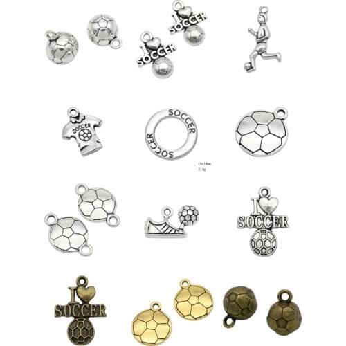 30~80pcs Antique Silver Brass Gold 3D Soccer Ball Charms Football Shirt Soccer Player Jersey Shoes I Heart Soccer Pendants