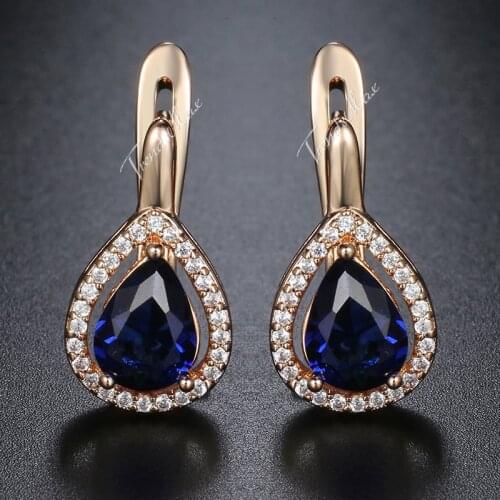 585 Rose Gold Filled Ladies Womens Earrings Teardrop Blue CZ Snap Closure Paved Clear Cubic Zirconia GE87