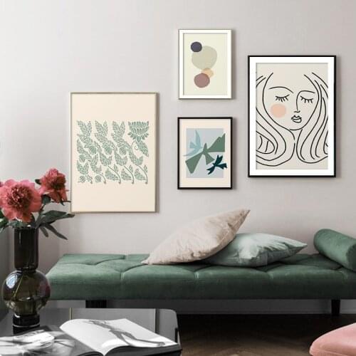 Girl Face Line Abstract Birds Floral Print Canvas Painting Nordic Beige Poster Wall Art Picture for Living Room Bedroom Decor