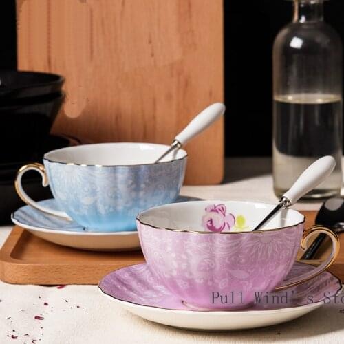 Pretty flowers coffee cup Simple ceramic cup Blue Pink Elegant couple cups of coffee sets Noble tea cup Gilded Garden