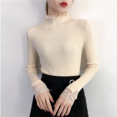 WWENN Lace Turtleneck Long Sleeve Solid Color Slim Elastic Sweater Women 2018 New Autumn winter Women Knitted Sweaters Pullovers