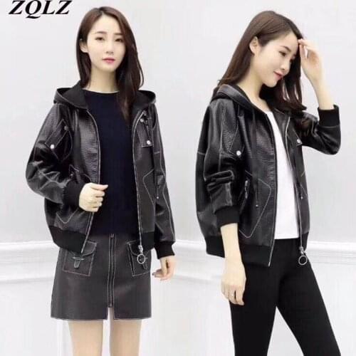 ZQLZ 2021 New Spring Faux Leather Jackets Women Hooded Vintage Pu Coat Female Basic Motor Black Autumn Leather Blazer Mujer