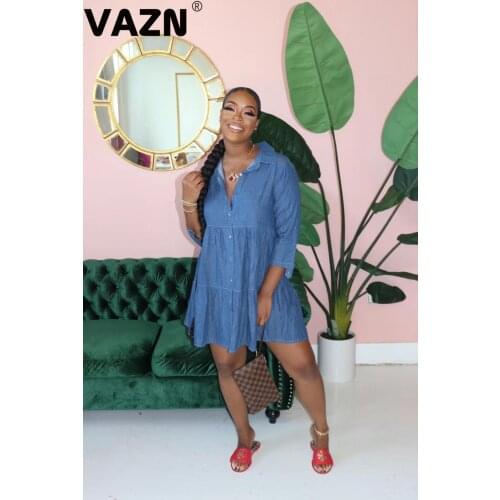 VAZN Young sweet 2020 summer sexy lady deep blue solid mini dress full sleeve singer breasted ruffles dress lady daily new dress