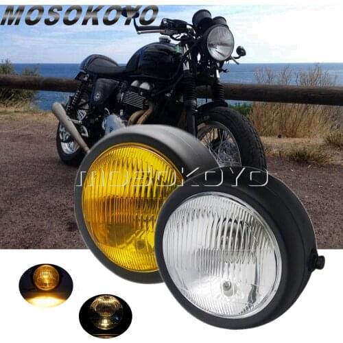 Custom Motorcycle Headlight Black Retro Halogen Front Light Yellow/Clear Lens Cafe Racer Lighting Modified Motorbike Head Lamp