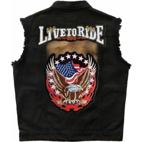 Motorcycle Vest Mens Personality Patch US Flag Eagle Embroidery Sleeveless Jacket Punk Rock Cowboy Hip Hop Biker Denim Vests