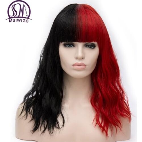 MSIWIGS Long Black and Red Curly Cosplay Wig Synthetic With Bangs Bob Style Ombre Two Tone for Women Party Daily Headgear
