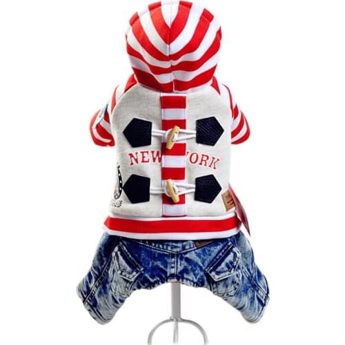 Dog Clothes For Yorkshire Chihuahua Pet Clothing Autumn And Winter Hooded Jumpsuit Striped Jacket With Denim Overalls Dog Jeans