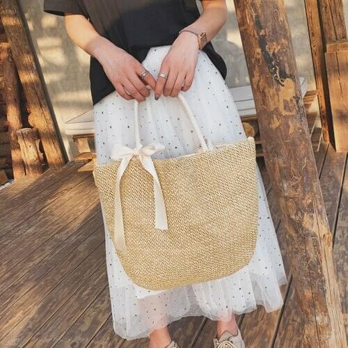 Summer Womens Fashion Ribbon Bow Straw Woven Rattan Basket Shoulder Bags Beach Rattan Shoulder Bags Wicker Weave Handbag