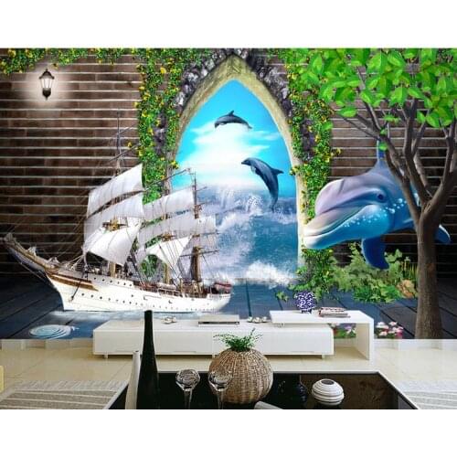 Custom 3d photo wallpaper 3d wall mural wallpaper mural Ocean sailing dolphins arch picture in picture TV setting wall decor