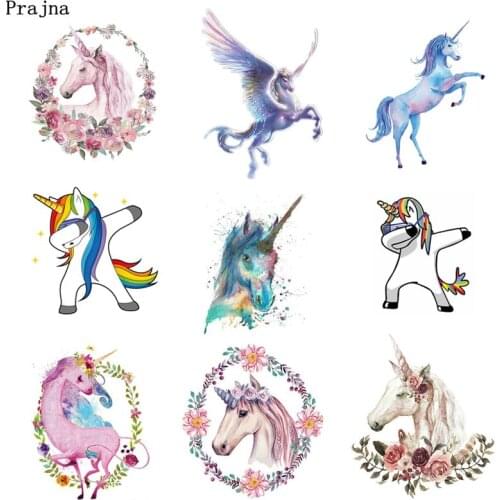 Prajna Flower Unicorn Iron-on Transfers Rose Magic Horse Iron-on Patch For Baby Clothing Stickers Rainbow Hot Vinyl Printed Jean