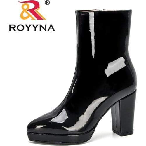 ROYYNA 2019 New Designers Boots Women Pointed Toe High Heel Boots Mirror Metallic Women Pumps Female Sexy Stiletto Boots Trendy