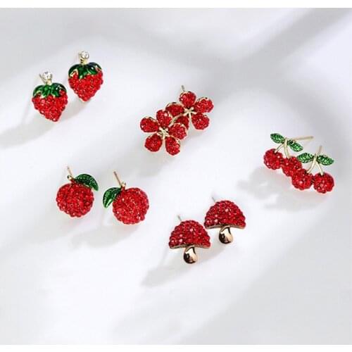 1 Pair Mini Cute Cherry Strawberry Stud Earrings Glitter Rhinestone Red Flowers Dangler for Women Girls Fashion Chic Earrings
