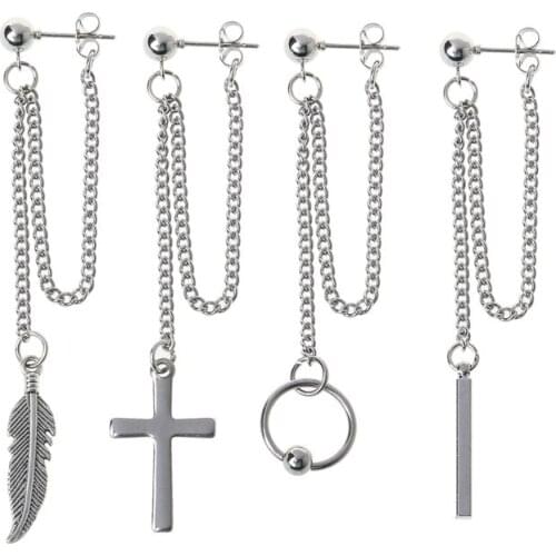 Titanium Steel Kpop Boys Cross Leaf Pendant Double Chain Earring