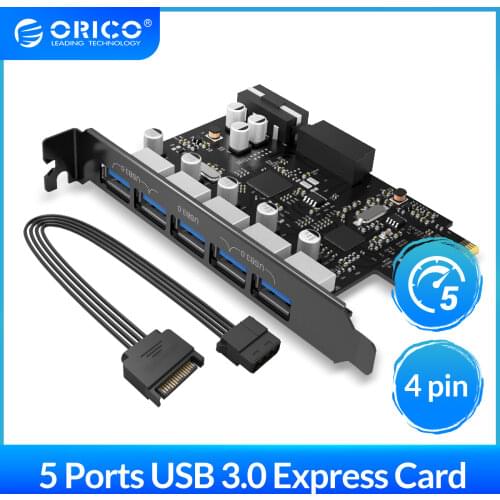ORICO USB 3.0 5 Ports Hub Adapter External Controller Express Card PCI-E Expansion Card with 4-pin Power Connector Cord