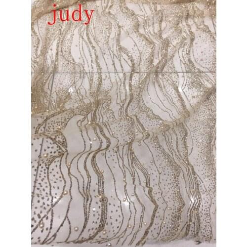 Stock 5yards/bag CH74# Champagne wavy glitter DIY beaded fabric used on the wedding dress fashion stage Free shipping