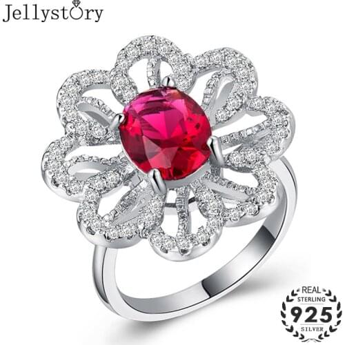 Jellystory Vintage Ring with 10mm Ruby Gemstones Zircon 925 Silver Jewellery Flower Shaped Female Rings for Wedding Party Gifts