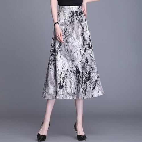 Retro Ink Printing High Waisted A-line Skirts for Women 2021 Summer Elegant Vintage Slim Casual Long Skirt 2610