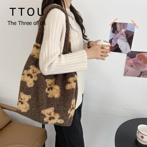 Cute Bear Pattern Plush Shoulder Bag for Women 2021 Autumn Trendy Large Capacity Student Handbag Simple Dual-use Female Tote