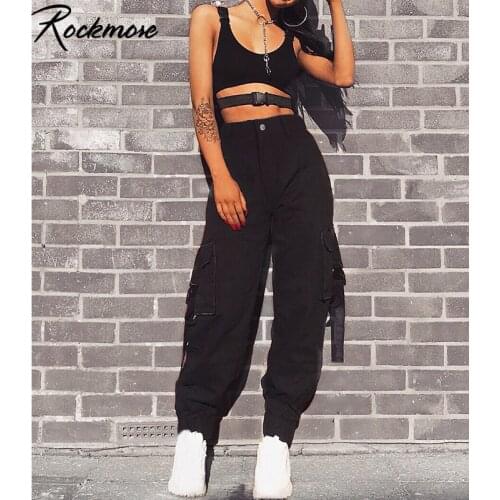 Rockmore Solid Black Cargo Pants Women High Waist Pants Pockets Cotton Full Length Streetwear Belt Winter Trousers Harajuku 2018