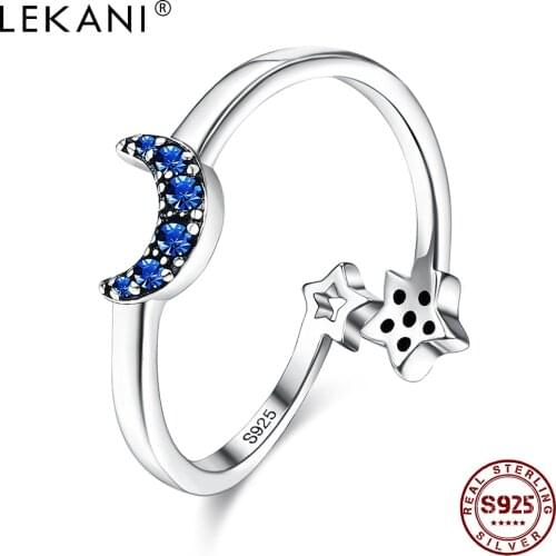 LEKANI S925 Sterling Silver Rings Crescent Shaped Ring For Women Blue CZ Star Adjustable Fine Jewelry Birthday Gift Wholesale