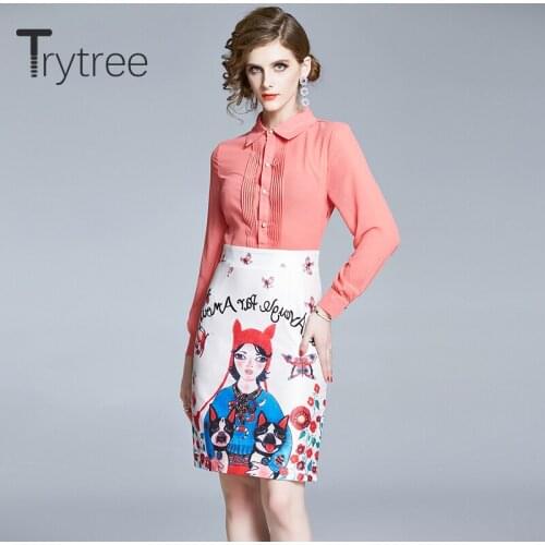 Trytree Spring Summer Women Casual Dress Turn-down Collar Single Breasted Patchwork Cartoon Fashion Elegant Slim fit Mini Dress