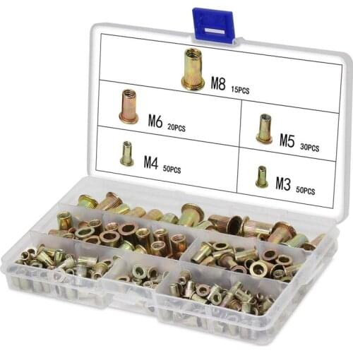 165PCS Plated Carbon Steel Rivet Nut M3 M4 M5 M6 M8 Flat Head Threaded Rivet Nutsert Cap Assortment Kits