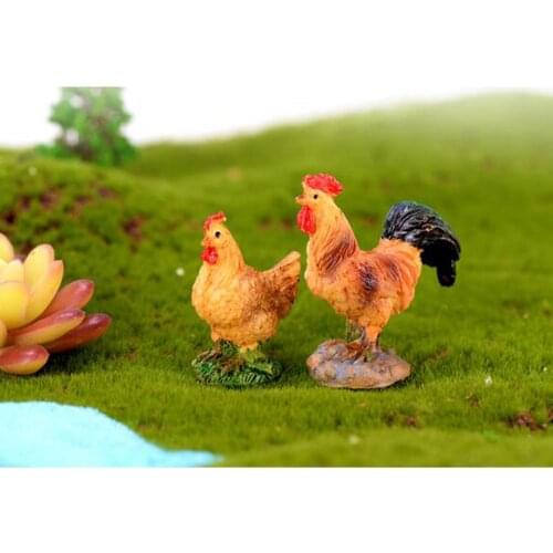 2pcs Miniature Chicken Figurines Resin Rooster Animal Mini Fairy Garden Ornament Kid Educational Toys