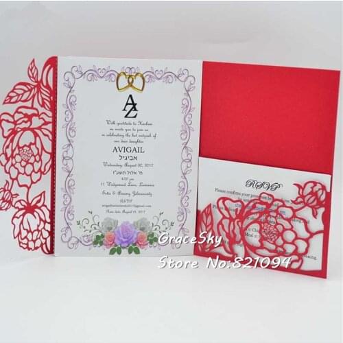 30pcs free shipping Flowers pocket text personalized wedding invitation cards with Receipt cards wedding invitation RSVP cards