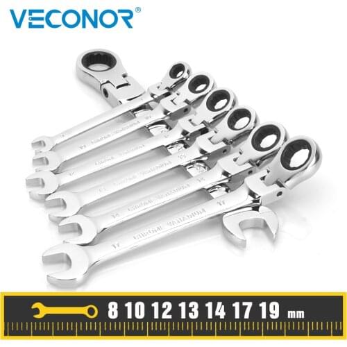 8-19mm 7Pcs Ratchet Wrench Set of Multitools A Set of Keys Spanner Kit 72T Ratcheting Flexible Head Mirror Polished