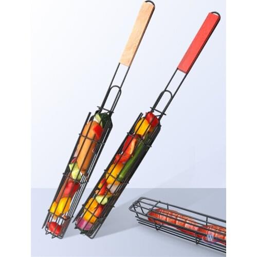 Non-stick Steel Wire BBQ Kabob Grilling Baskets Outdoor High Temperature Resistant Barbecue Grill Mesh Rack Coating Clamp Holder