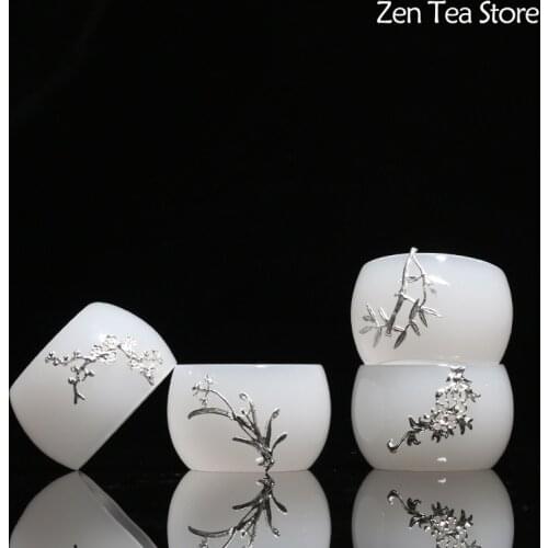White Porcelain Jade Porcelain Inlaid with Silver Tea Cup Beer Kung Fu Tea Mug Whiskey Drinkware Cup Ceramic Water Mug Teaset