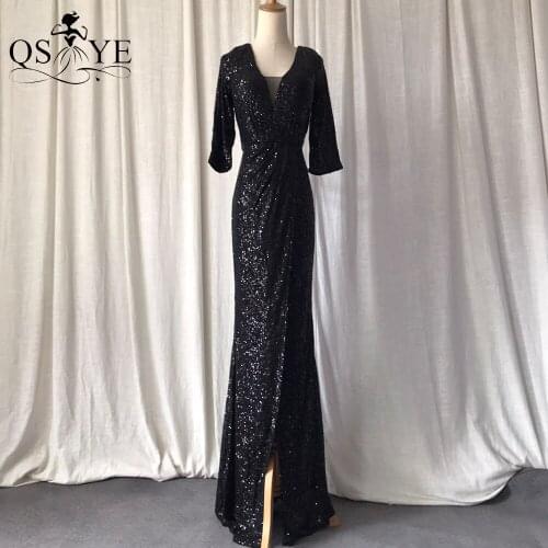 Black Evening Dresses Fit Mermaid Long Sleeves Evening Gown Triangle V Neck Party Dress Sexy Split Sequin Formal Gown Vestido