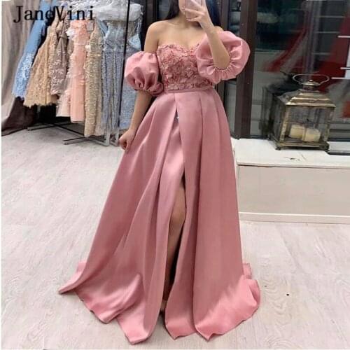JaneVini Sexy Dusty Rose Arabic Long Evening Dresses with Sleeves 2020 Sweetheart Appliques Beaded High Split Satin Formal Gowns