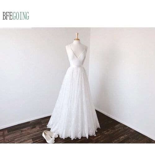 Ivory Lace Spaghetti Straps Floor-Length A-Line Wedding Dresses Custom Made V-Neck Bridal Gowns