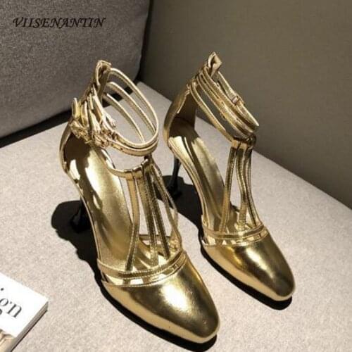 Summer New Style Gold Hollow Personality Genuine Leather Stiletto Buckle Sexy Nightclub Party Roman High-heeled Sandals