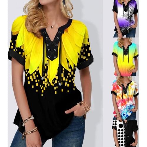 Fashion T-shirt Colorful Print Lacing Women Short Sleeve Loose Blouse for Party