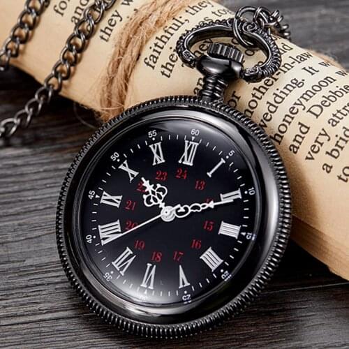 High Quality Pocket Watch Quartz Fob Clock for Men Steampunk Roman Numerals Russia Black Case Watches with Chain Drop Shipping